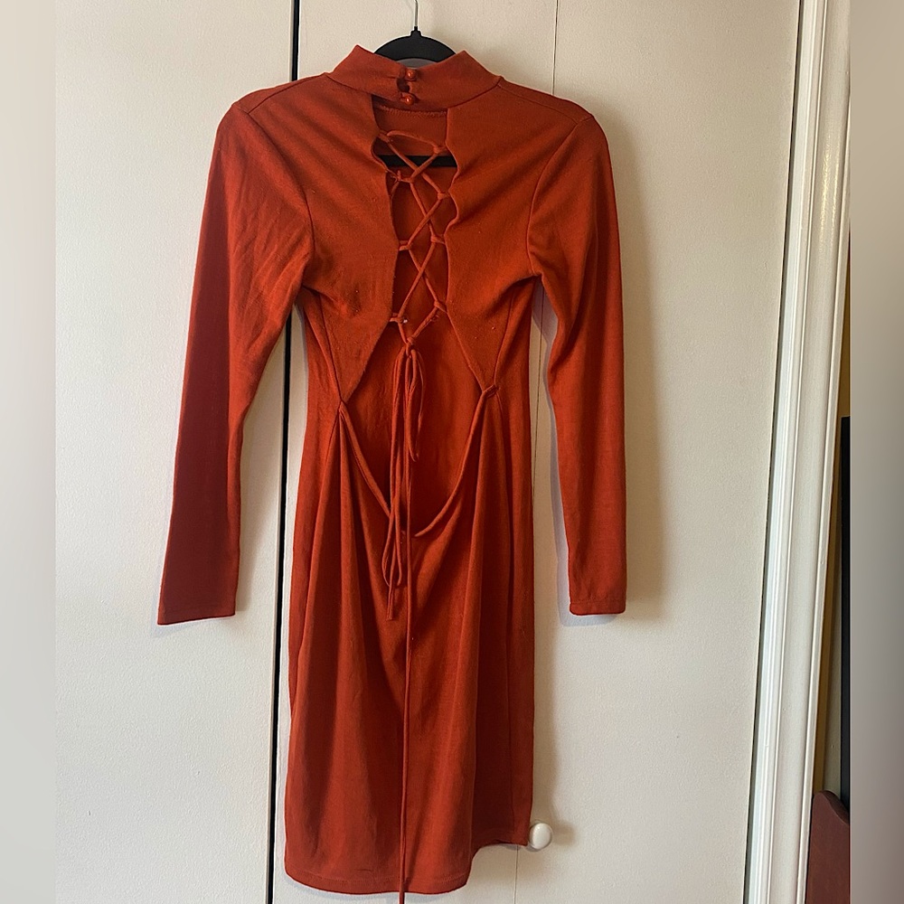 Vintage Terracotta Orange knit rayon midi dress with tie up detail open back sm